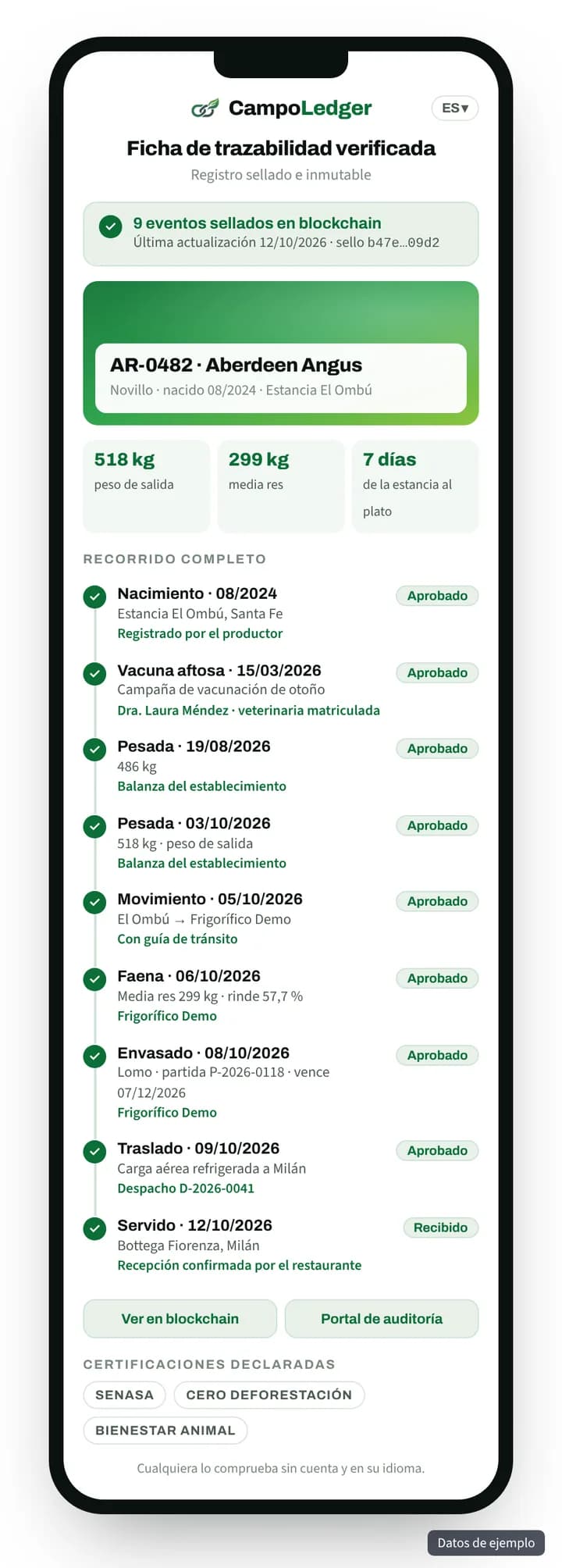 Pasaporte público del novillo AR-0482 en el celular