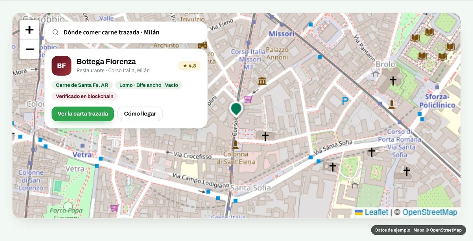 Mapa con un restaurante marcado y su ficha de carne trazada