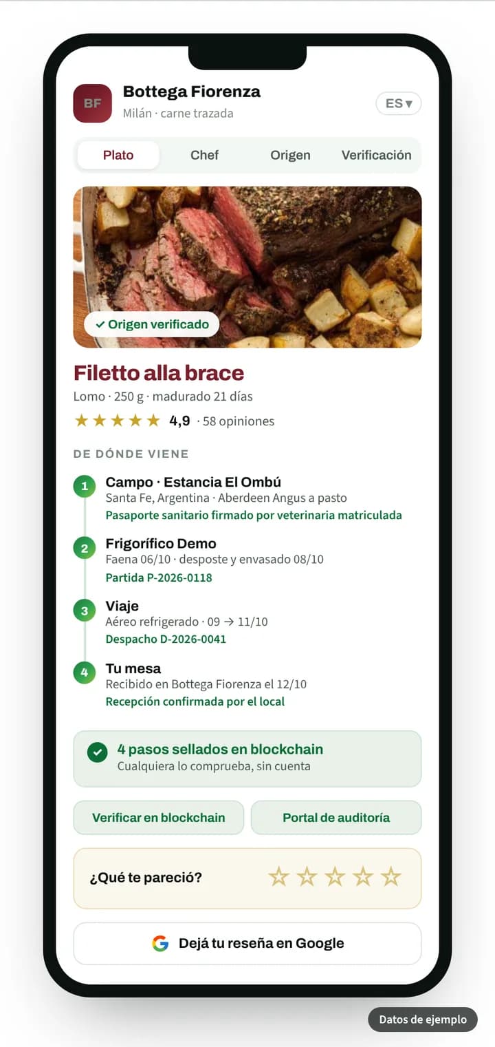 Página del QR de un plato en el celular del cliente, con el origen de la carne